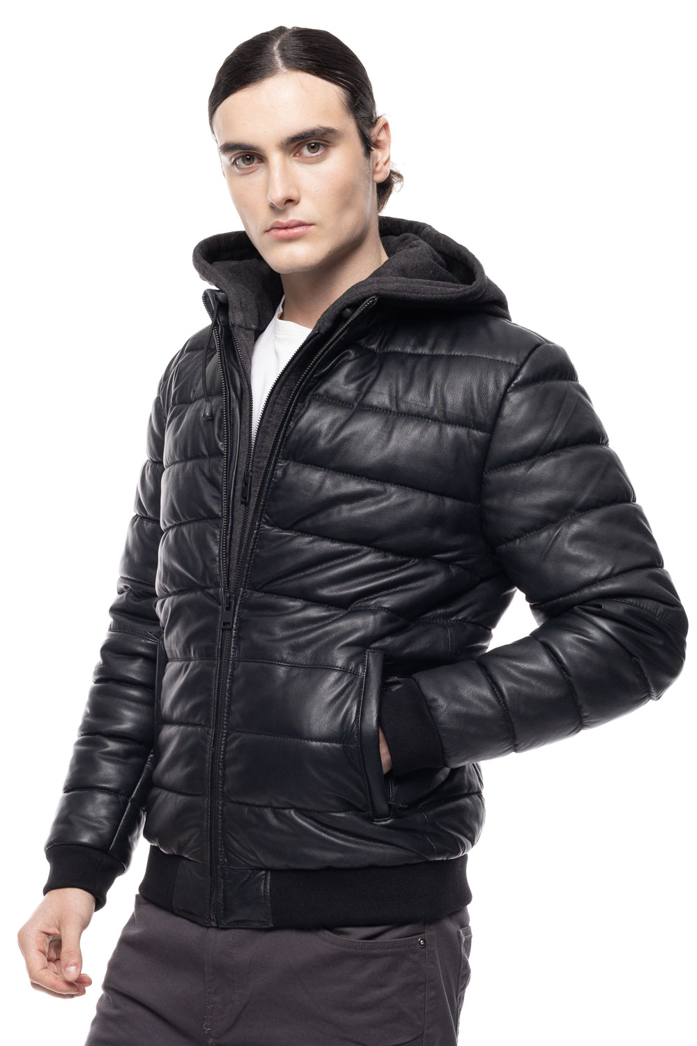 ΔΕΡΜΑΤΙΝΟ ΑΝΔΡΙΚΟ PUFFER ΜΠΟΥΦΑΝ ΚΩΔΙΚΟΣ: 61-M-9011 (BLACK)